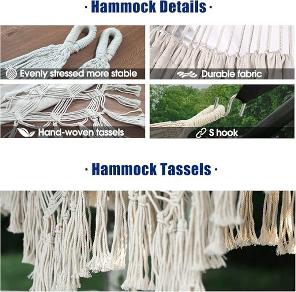 Anyoo Hammock Garden Cotton Hammock Comfortable Fabric Elegant Deluxe Tassels Sturdy Swing Hammock Up to 450lbs Portable Hammock with Travel Bag,Perfect for Porch Patio Yard Bedroom Outdoor/Indoor - Image 3