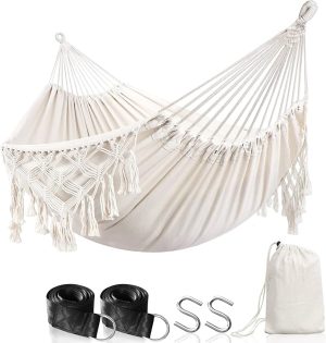 Anyoo Hammock Garden Cotton Hammock Comfortable Fabric Elegant Deluxe Tassels Sturdy Swing Hammock Up to 450lbs Portable Hammock with Travel Bag,Perfect for Porch Patio Yard Bedroom Outdoor/Indoor