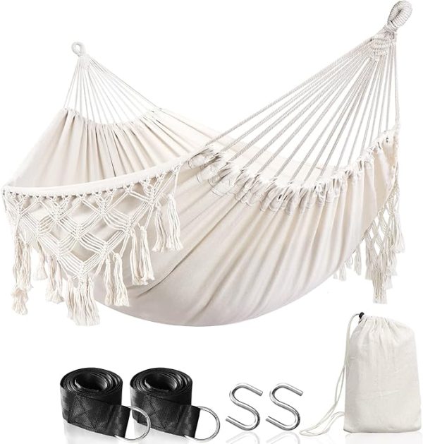 Anyoo Hammock Garden Cotton Hammock Comfortable Fabric Elegant Deluxe Tassels Sturdy Swing Hammock Up to 450lbs Portable Hammock with Travel Bag,Perfect for Porch Patio Yard Bedroom Outdoor/Indoor