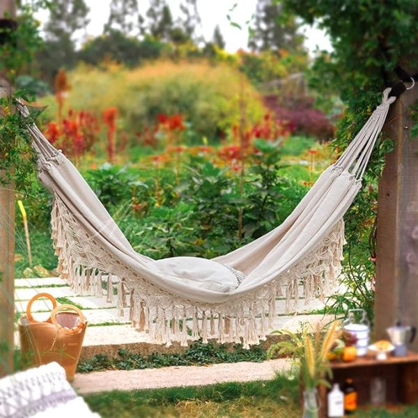 Anyoo Hammock Garden Cotton Hammock Comfortable Fabric Elegant Deluxe Tassels Sturdy Swing Hammock Up to 450lbs Portable Hammock with Travel Bag,Perfect for Porch Patio Yard Bedroom Outdoor/Indoor - Image 2